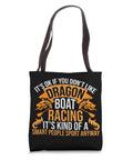 Black tote bag with dragon boat racing text, reinforced handles, ideal for boat festival gear and crew style paddle accessories.