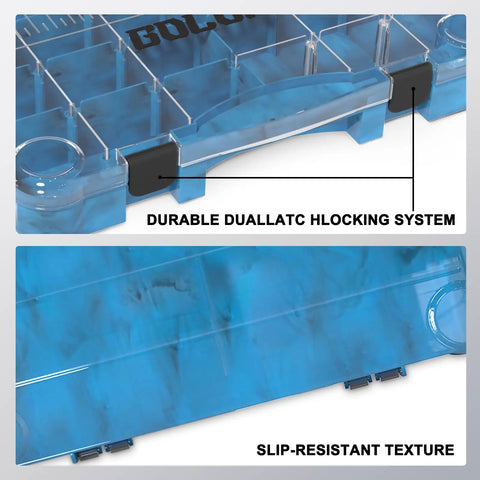 Close-up of Clear Plastic Fishing Tackle Box Organizer Set Four Pack With Removable Dividers and 3600 Tackle Trays handle and texture