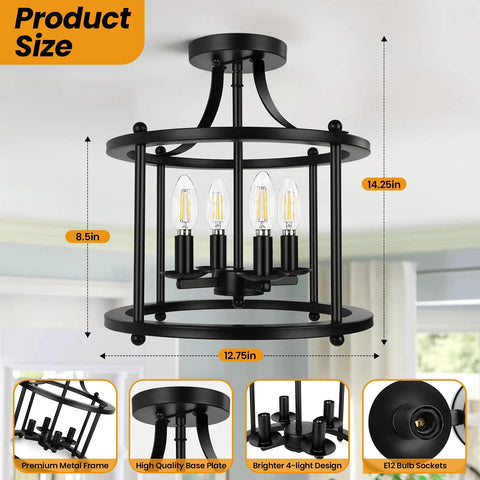 Farmhouse Semi Flush Mount Light Four Light Matte Black Industrial Ceiling Fixture E12 Base Rustic Vintage Chandelier Style