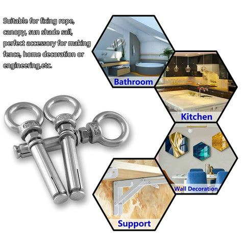 Heavy Duty Stainless Steel Eye Bolt Anchors For Walls, Concrete And Brick, Expansion Bolts With Ring Eyes, M6 Size