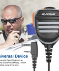 Shoulder Mic For Walkie Talkie Remote Police Microphone With Omnidirectional Pickup shown in use by police officer