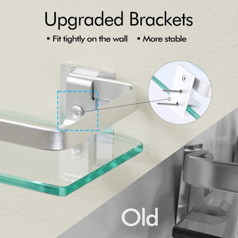 Close-up of upgraded aluminum brackets for Floating Glass Shelves For Bathroom, 14 Inch Tempered Glass With Aluminum Brackets, 2 Pack, Silver.