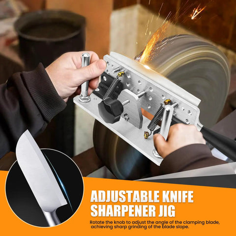 Small Belt Grinder Knife Jig Adjustable Angle Beveling Locator Crafted From Durable Aluminum Alloy Frame Killer Edge Sharpening Guide on a belt grinder with hands adjusting the blade angle.