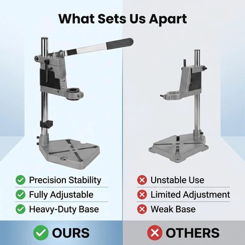 Comparison of Hella Sturdy Universal Drill Press Stand Top Shelf Workbench Mount with heavy-duty steel base and competitors.