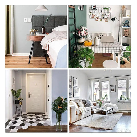 Modern interior collage with bedroom, entryway, workspace, and living room; suitable for showcasing furniture arrangement ideas.