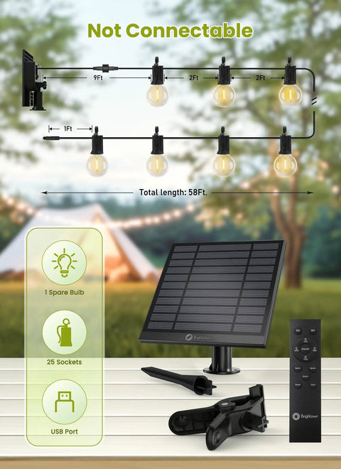 58 Foot Solar String Lights Outdoor With Remote Control, 26 LED Shatterproof Bulbs, solar panel and remote shown