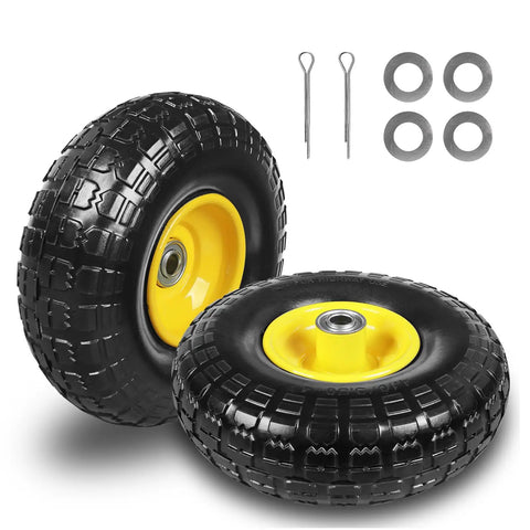 10 Inch Solid Rubber Dolly Wheel Set With Flat Free 4.10 To 3.50-4 Tires, 5/8 Inch Bearings, 2.2 Inch Offset Hub featured with fittings