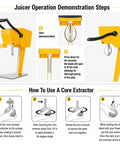 Heavy Duty Electric Citrus Juicer With Three-Blade Steel Cutter Head For High Yield And Quick Press Operation Detachable Design demonstrating juicer operation steps.