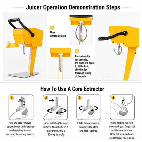 Heavy Duty Electric Citrus Juicer With Three-Blade Steel Cutter Head For High Yield And Quick Press Operation Detachable Design demonstrating juicer operation steps.
