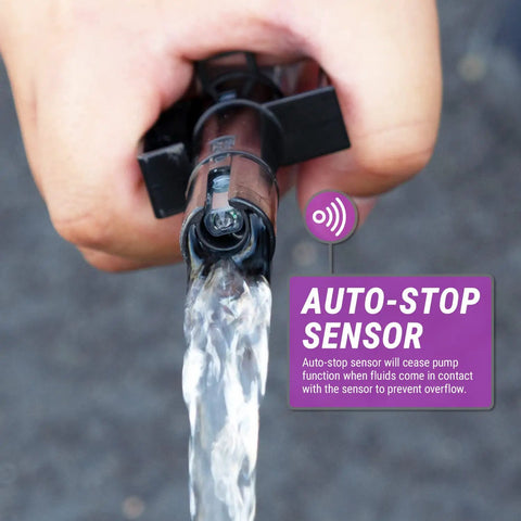 Portable Battery Powered Fuel Transfer Pump With Auto Stop Sensor No Mess 2 Ft Hose 2.4 GPM Flow For Gas And Diesel Easy Fill Loud Beep Alert Requires 2 D Batteries (Not Included), close-up of auto-stop nozzle pouring fuel