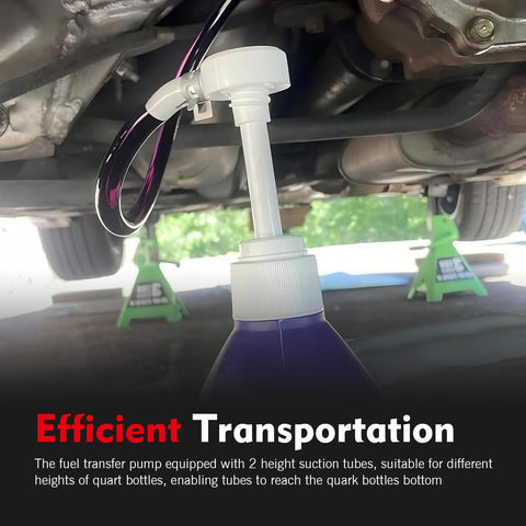 8cc Per Stroke Transmission Fluid Pump Kit With Three Eighths Inch Swivel And 8mm 10mm Adapters in use for fluid transfer under car