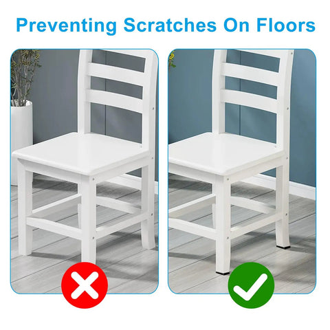 White chair on hardwood floor with Square Rubber Feet Furniture Pads 25 Pack 1.18 Inch Non Slip Screw On Chair Leg Protectors applied.