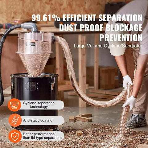 High Capacity Cyclone Dust Separator For 4 Inch Hoses With Clear Abs Housing mounted on a black container in a workshop setting.