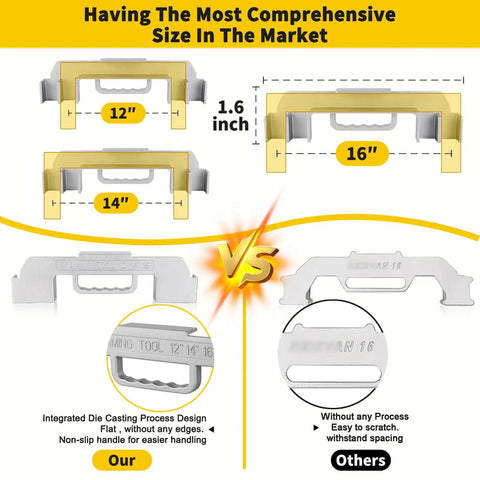 Comparison of Heavy Duty 3 In 1 Framing Tool With 12 14 16 Inch On Center Stud Layout Gauge sizes 12, 14, and 16 inch shown.