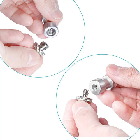 Knockout 15 Piece Screw Adapter Set Featuring Slick 1/4 To 3/8 Thread Converters For Dslr Cameras Tripods And Camera Cages close-up of hands holding metal thread converters.