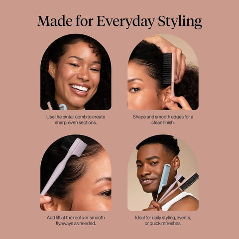 Detail And Define Hair Styling Kit With Pintail Comb Edge Brush And Teasing Tool For Slick Back Styles in use with models.