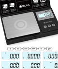 Digital Pocket Gram Scale 500g 0.01g Precision with Tray showing LCD display and measurement unit options