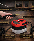 Heavy Duty Handheld Steam Cleaner Cranks Out Blistering Vapor Quick To Kick Grease Off Tile Grout Kitchen Counters And Engine Bays With Six Adjustable Settings And A Sweet Array Of Nozzle Tips For Effortless Deep Cleaning Any Time, showing components like handheld sprayer and water tank.