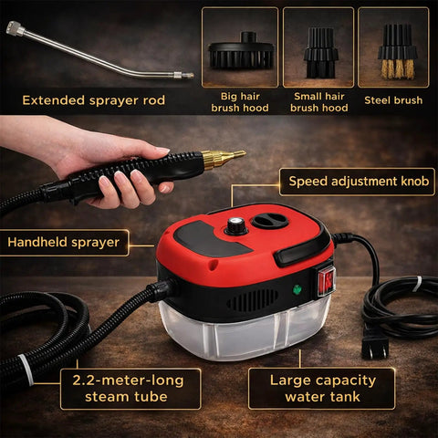 Heavy Duty Handheld Steam Cleaner Cranks Out Blistering Vapor Quick To Kick Grease Off Tile Grout Kitchen Counters And Engine Bays With Six Adjustable Settings And A Sweet Array Of Nozzle Tips For Effortless Deep Cleaning Any Time, showing components like handheld sprayer and water tank.