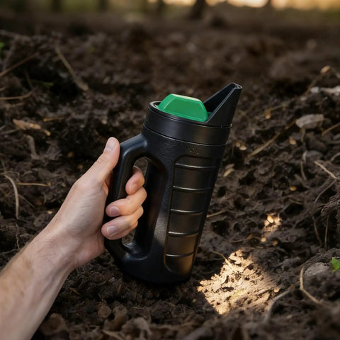 Hand holding Adjustable Handheld Seed Shaker Spreader For Lawn Care With 90 Ounce Capacity Three Size Settings Green on soil
