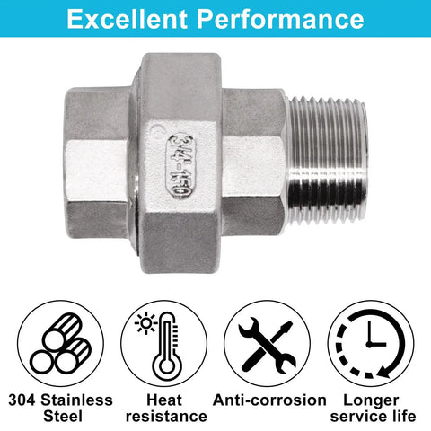 Two Piece Three Quarter Inch NPT Male To Three Quarter Inch NPT Female Union Cast Pipe Fittings In Premium 304 Stainless Steel