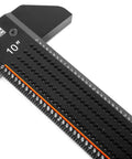 Heavy Duty 10 Inch T Shaped Marking Ruler With Hella Precise Laser Etched Graduations CNC Anodized Aluminum Layout Gauge viewed from above.