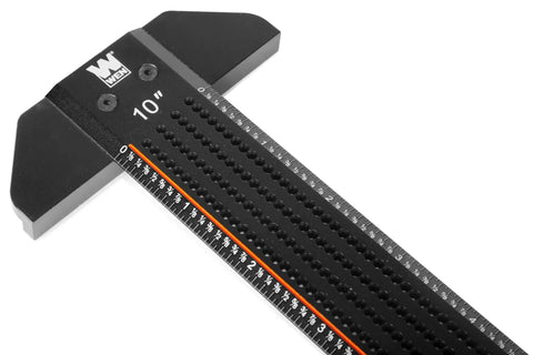Heavy Duty 10 Inch T Shaped Marking Ruler With Hella Precise Laser Etched Graduations CNC Anodized Aluminum Layout Gauge viewed from above.