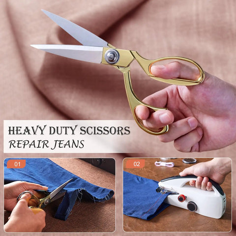 Hand holding gold-handled scissors, cutting blue fabric, with small images showing cutting and sewing steps, labeled 'Heavy Duty Scissors Repair Jeans'.