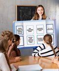 Teacher using 90 Piece Science Fair Board Supplies Set with 72 Scalloped Bulletin Borders and 18 Sheets of Presentation Subtitle Stickers.