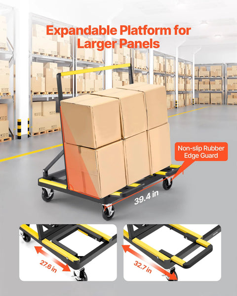 Drywall Cart Dolly With 1800 Lb Load Capacity And Expandable Deck holding boxes in warehouse, steel panel dolly on 4 swivel casters