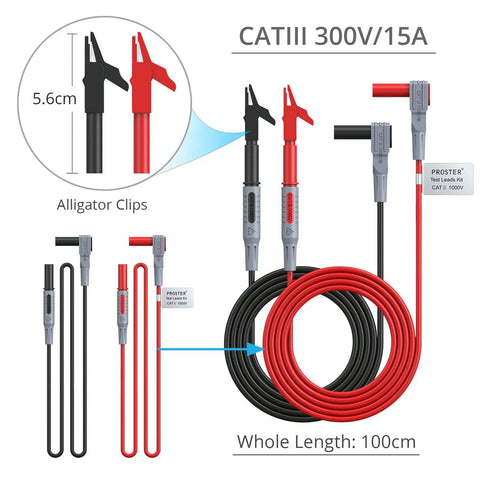 Electrical Multimeter Test Lead Kit 24Pcs with Test Extensions, Probes, Tips, Alligator Clips, 100cm Length, CAT III 300V/15A
