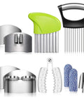 11-piece finger guard cutting set with stainless steel guards, green finger guard, finger cots, and mandoline slicer attachments