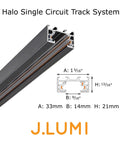 Six Foot Black Rigid Aluminum Track Lighting Kit With Halo Single Circuit Rails, cross-section showing dimensions and specifications