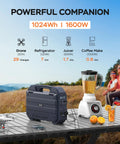 Beefy 1024 Wh Portable Power Station With Integrated 40 W Foldable Solar Panel, 1600 W Output, 100 W Usb C Quick Charge, And Safe LiFePo4 Battery Pack Ready To Crush Camp Trips, Handle Rv Loads, And Back Up Your House On Short Notice on picnic table with juicer and drone.
