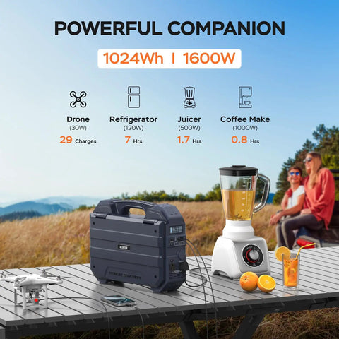 Beefy 1024 Wh Portable Power Station With Integrated 40 W Foldable Solar Panel, 1600 W Output, 100 W Usb C Quick Charge, And Safe LiFePo4 Battery Pack Ready To Crush Camp Trips, Handle Rv Loads, And Back Up Your House On Short Notice on picnic table with juicer and drone.