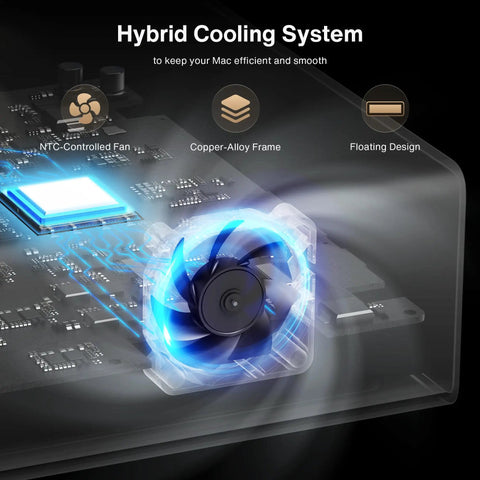Mad Ports Thunderbolt 5 FusionDock Ultra For Mac Laptop cooling system with NTC-controlled fan and copper-alloy frame.