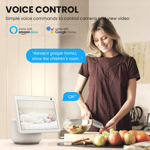 Woman using 1080P Indoor Security Cam With 64GB SD Card, Two Way Audio, Baby Monitor And Pet Surveillance on smart display