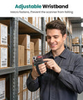 Warehouse worker using Bluetooth Barcode Scanner Wireless 2D 1D Back Clip Reader with wristband support for inventory checking.