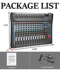 Package contents of 12 Channel USB Audio Mixer With Built In 16 Bit DSP Effects, Bluetooth Karaoke Studio DJ Mixer For Live Streaming And Recording, 48V Phantom Power, XLR And Balanced Inputs, showing mixer dimensions, manual, and power adapter.