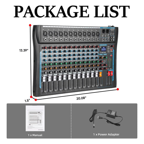 Package contents of 12 Channel USB Audio Mixer With Built In 16 Bit DSP Effects, Bluetooth Karaoke Studio DJ Mixer For Live Streaming And Recording, 48V Phantom Power, XLR And Balanced Inputs, showing mixer dimensions, manual, and power adapter.