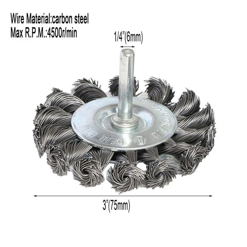 Three Piece Knotted Wire Wheel Brush Set For Drill With One Quarter Inch Shank Three Inch Twist Wire Wheels For Rust Removal