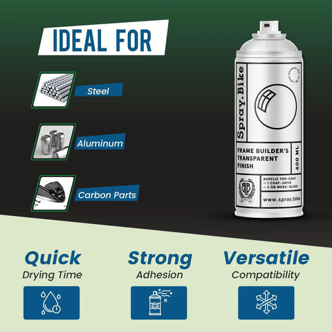Spray.Bike Frame Builder's Transparent Finish - Clear Coat Spray Paint, 2pk on dark background, showing ideal uses on steel, aluminum, and carbon parts.