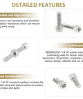Detailed features of 58 Piece Stainless Steel Hex Socket Head Cap Screws And Nuts Set 1/4-20 Thread Includes 1/2, 3/4, 1, 1-1/4, 1-1/2 Inch Lengths Fully Threaded 304 Stainless Hardware Kit For DIY Projects Automotive And Machinery