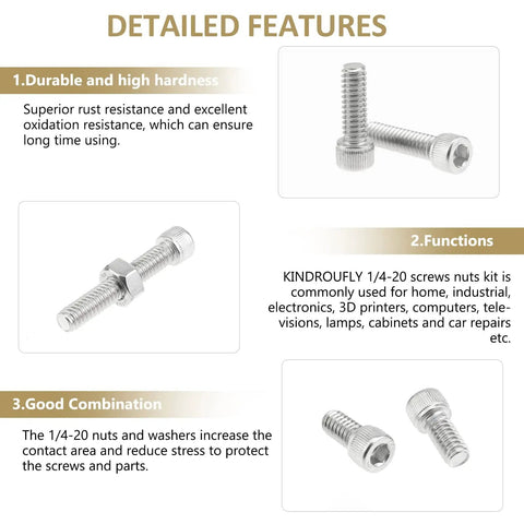 Detailed features of 58 Piece Stainless Steel Hex Socket Head Cap Screws And Nuts Set 1/4-20 Thread Includes 1/2, 3/4, 1, 1-1/4, 1-1/2 Inch Lengths Fully Threaded 304 Stainless Hardware Kit For DIY Projects Automotive And Machinery
