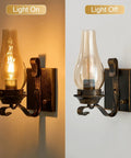 Retro Rustic Oil Rubbed Bronze Plug In Wall Sconce Set Of 2 With Amber Glass lit and unlit kerosene lamp style view