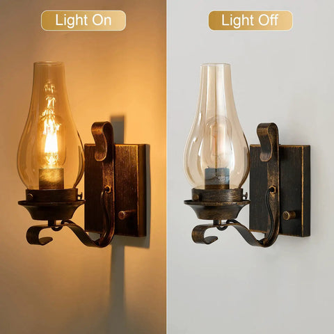 Totally Solid Plug In Oil Rubbed Bronze Wall Sconce Featuring Hand Painted Kerosene Lamp Silhouette And Warm Glowing Amber Glass Creates Super Cozy Vintage Living Room Atmosphere, light on and off views.