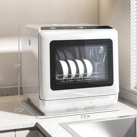 Game Changing Portable Countertop Dishwasher Featuring A Built In Water Tank And Five Wash Cycles To Run Slick And Spotlessly Clean Up To Twenty Eight Pieces For Tight Kitchens And Dorm Layouts displayed on a kitchen countertop with dimensions.