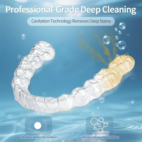 48kHz Ultrasonic Retainer Cleaner For Dentures And Aligners, Seriously Cleans Bacteria And Grime From Tiny Crevices, Safe For Braces, Easy Daily Dental Care Gadget That Keeps Your Smile Fresh And Ready For The Day. Clear aligner shown with cleaning bubbles