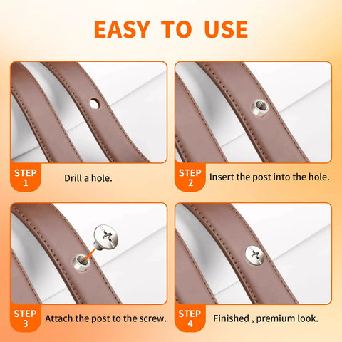 Guided steps for using Heavy Duty Black Chicago Binding Screws Assorted Kit for leather projects, showing installation process.