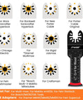 Japanese Teeth Multitool Blades 10 Pack Extra Long Zero Cut Saw Kit For Lumber Plywood And Drywall No Sweat Precision Cuts with compatibility chart for oscillating tools.